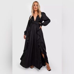 Satin Ruffle Plunge Maxi Dress